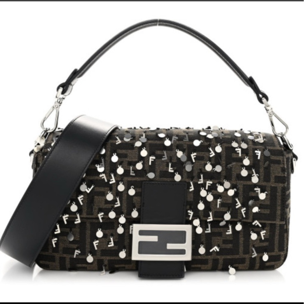 Fendi Black and Brown Baguette Shoulder Bag with Silver Accents